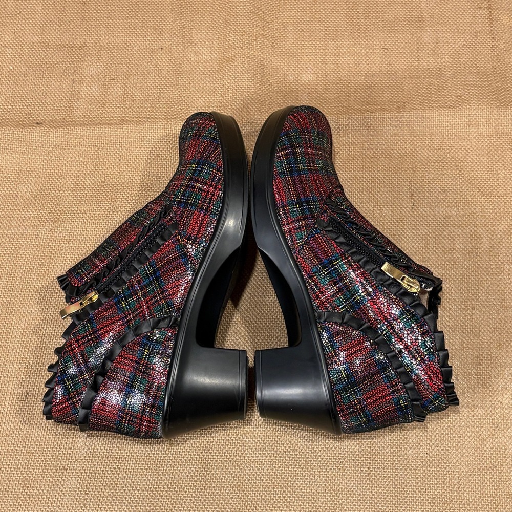 Alegria Hannah Boots Women 39 US 9 Red Green Plaid Tartan Leather Ruffle Comfort - Picture 8 of 10